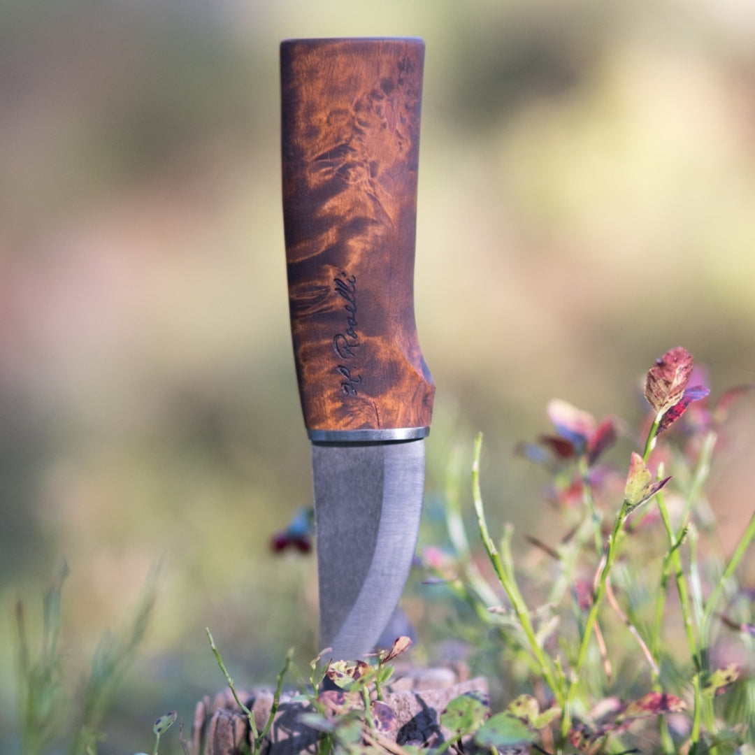 Roselli's finnish handmade outdoor and hunting knife in model "Grandfather knife" made from ultra high carbon steel and curly birch handle.