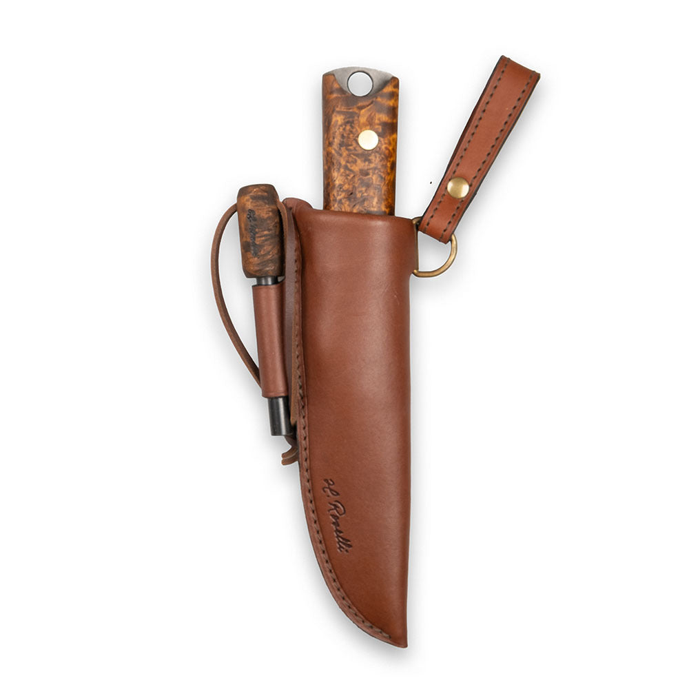 Handmade Finnish bushcraft knife from Roselli in model "Heimo 4" with a full tang blade and a handle made out of stained curly birch