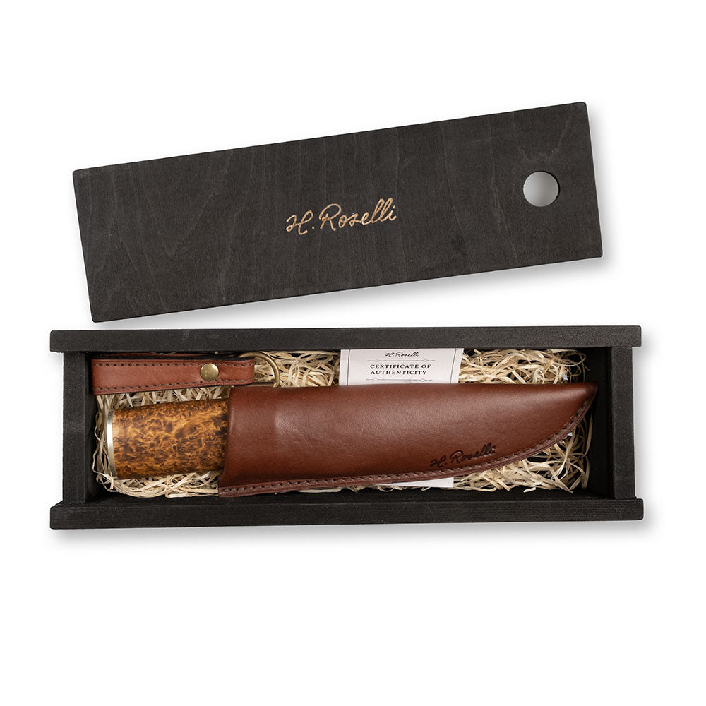 Roselli handmade Damascus Hunting knife with handmade leather sheath, comes with a exclusive giftbox