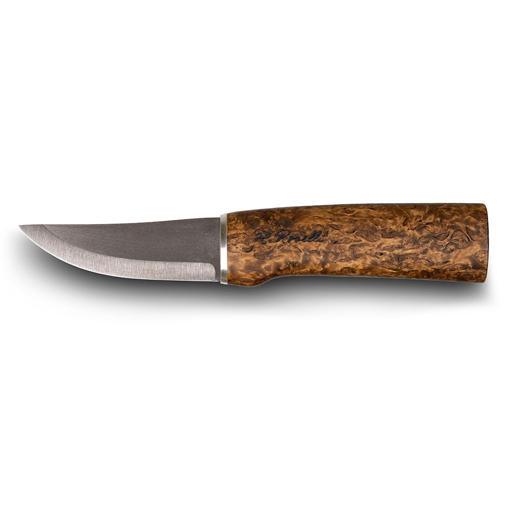 Handmade Finnish hunting knife in UHC Steel from Roselli with a handle of stained curly birch