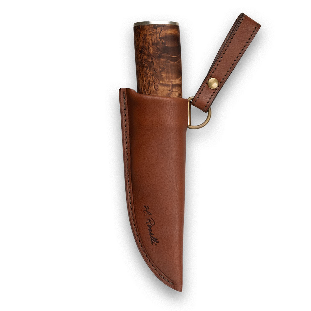 Roselli's Finnish handmade hunting knife in model "Grandfather knife". Carbon steel blade and a handmade leather sheath.