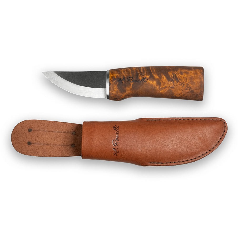 Roselli's finnish handmade outdoor and hunting knife in model "Grandfather knife" made from ultra high carbon steel and curly birch handle.