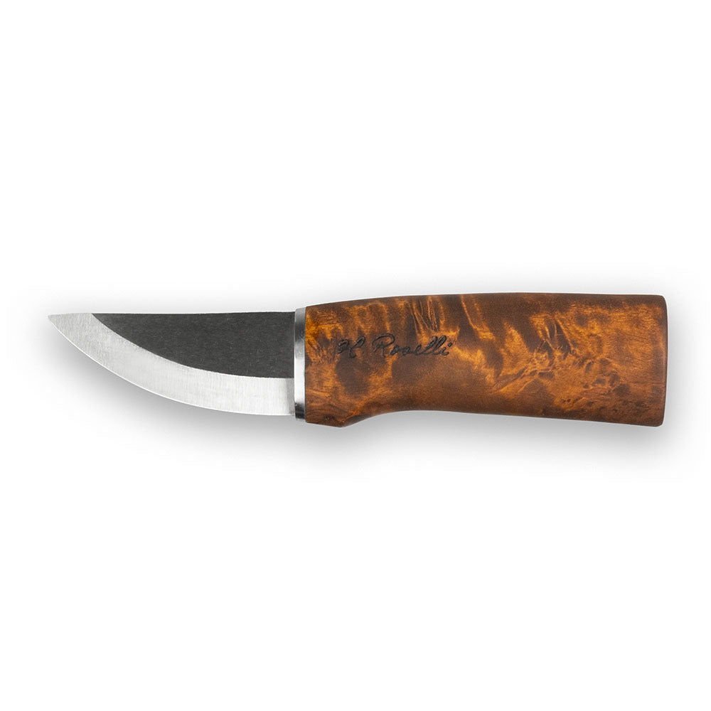 Roselli's finnish handmade outdoor and hunting knife in model "Grandfather knife" made from ultra high carbon steel and curly birch handle.