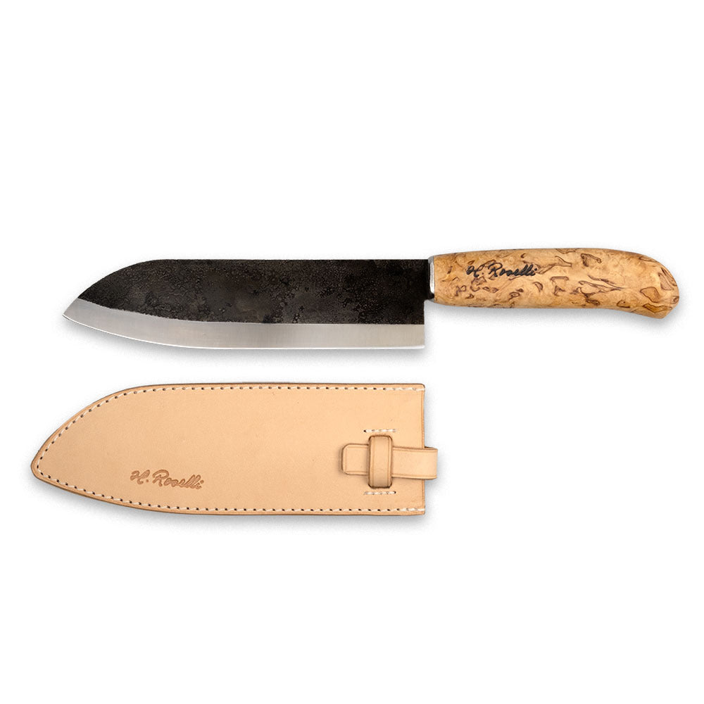 Rosellis Finnish handmade Japanese Chef knife made from carbon steel. Now comes with a handmade leather sheath.