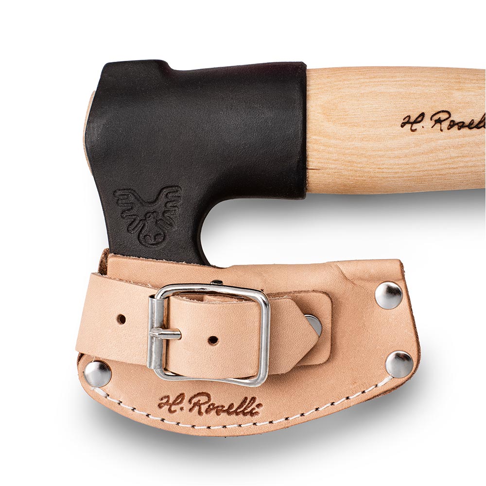 Handmade Finnish outdoor axe from Roselli with a long handle comes with a handmade leather sheath