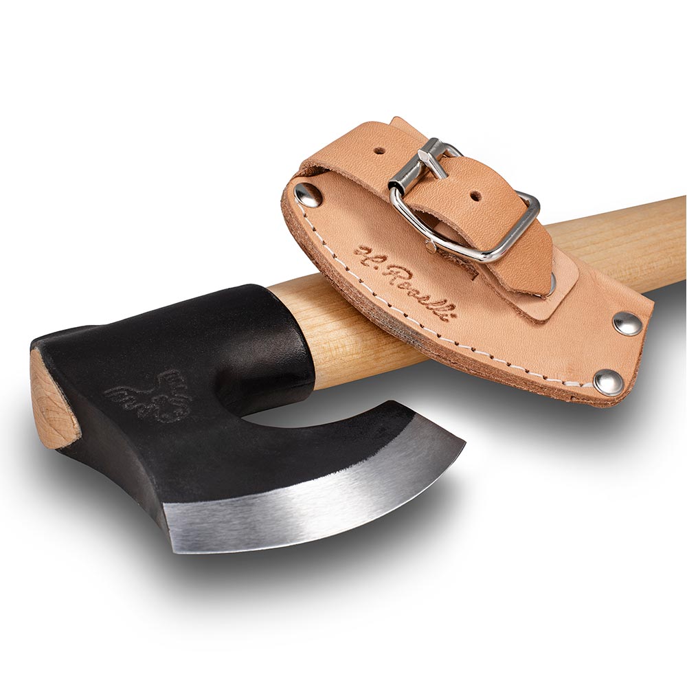 Handmade Finnish outdoor axe from Roselli in short handle comes with a axe case in light vegetable leather