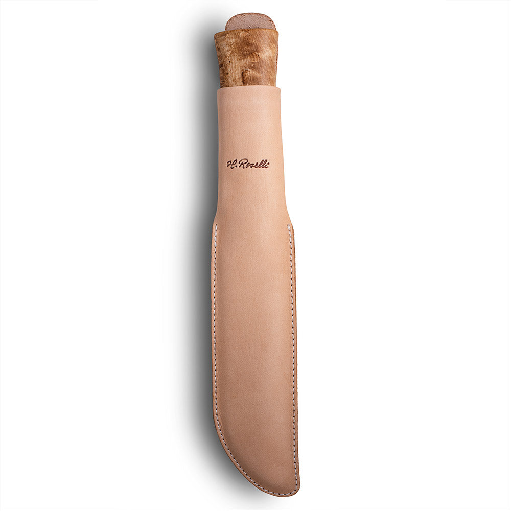 Handmde finnish bushcraft knife from Roselli in model " Big Leuku Knife" with handle in curly birch comes with a light tanned vegetable leather sheath