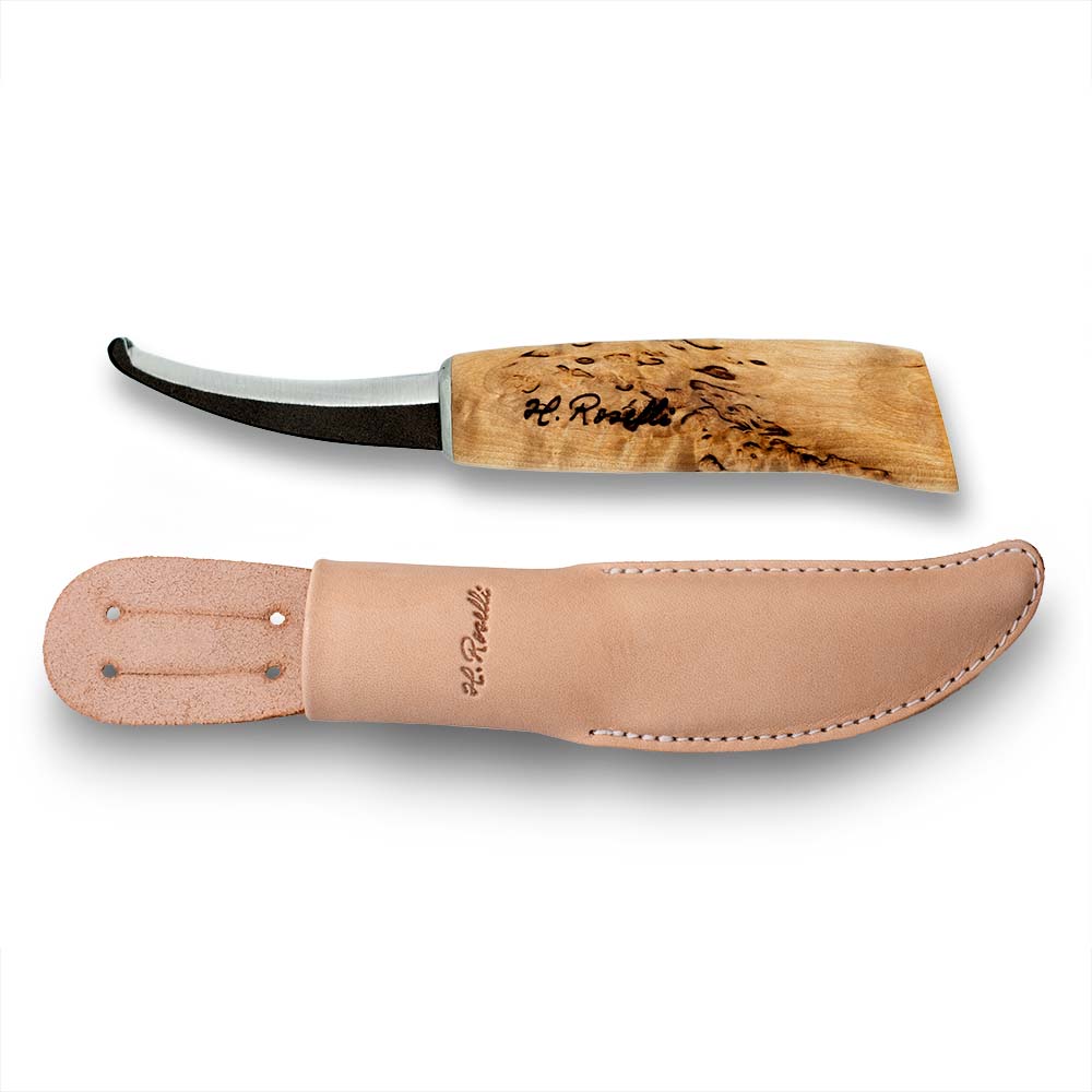 Handmade Finnish hunting knife from Roselli in model "opening knife" with a round tip and a handle made out of curly birch, the knife comes with a light tanned vegetable leather sheath
