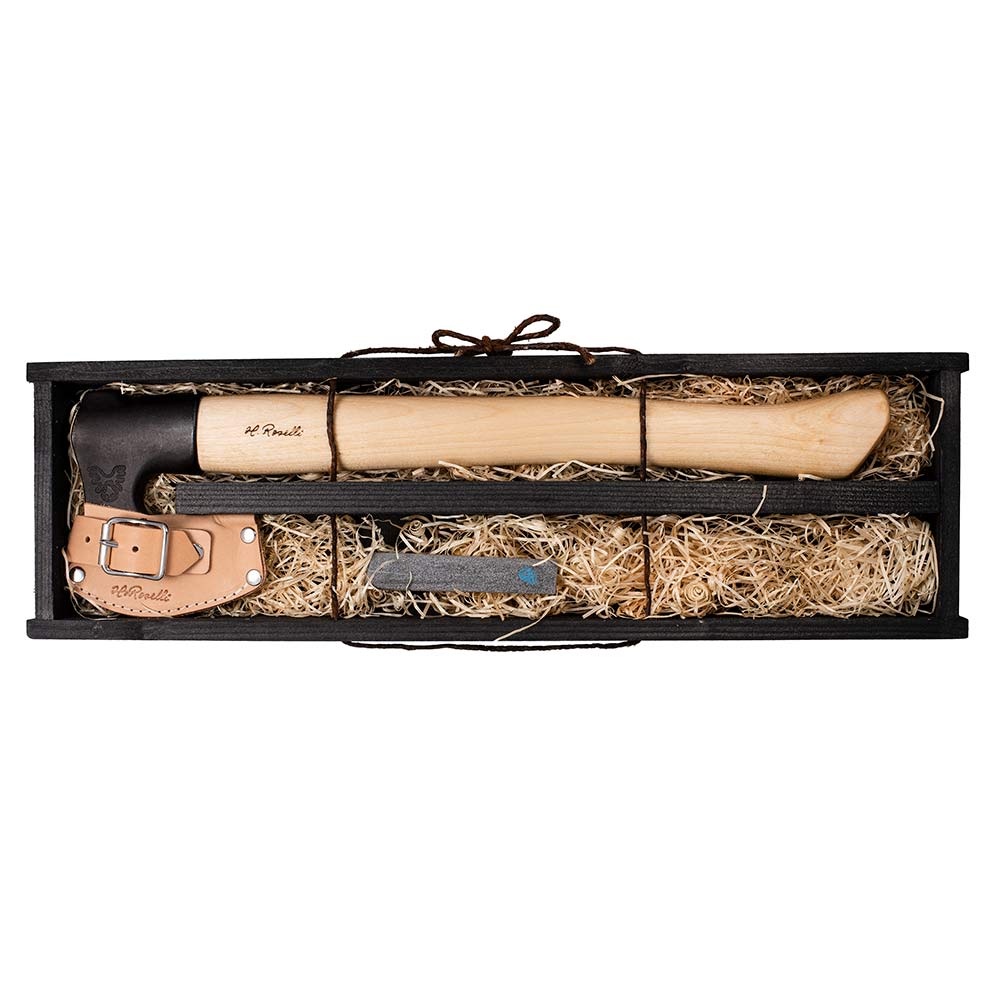 Handmade Finnish outdoor axe from Roselli with a long handle comes with a handmade leather sheath and gift box with sharpening stone