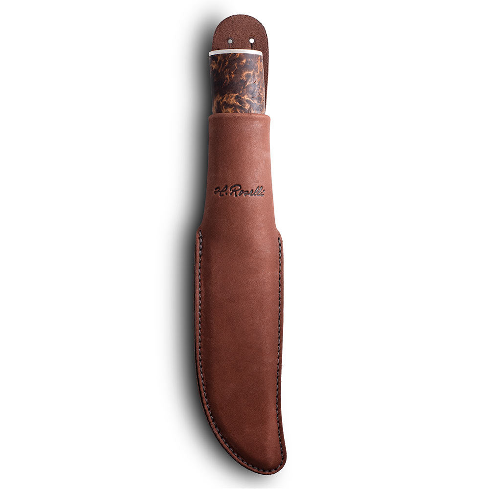 Handmade Finnish hunting knife with a long knife blade with silver ferrule details comes with a dark  leather sheath