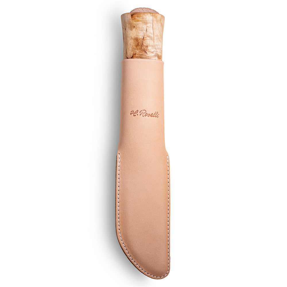 Handmade finnish bushcraft knife from Roselli in model "Small Leuku Knife" with a handle made out of curly birch and comes with a light tanned leather sheath