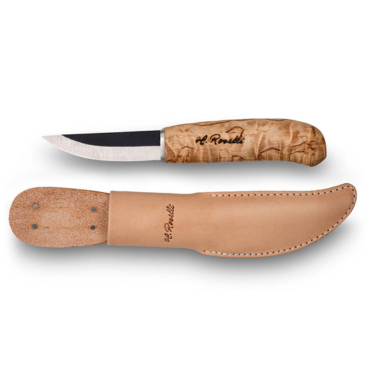 Handmade Finnish knife from Roselli in model "carpenter knife" with a handle made out of curly birch and comes with a light tanned leather sheath