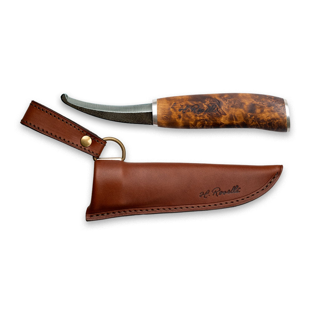 Roselli's Finnish handmade hunting knife in model "opening knife" with a handle made out of stained curly birch and details of silver ferrule.