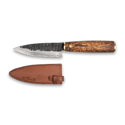 Handmade allround kitchen knife made from Damascus steel. Comes with a handmade leather sheath made from Finnish leather. 