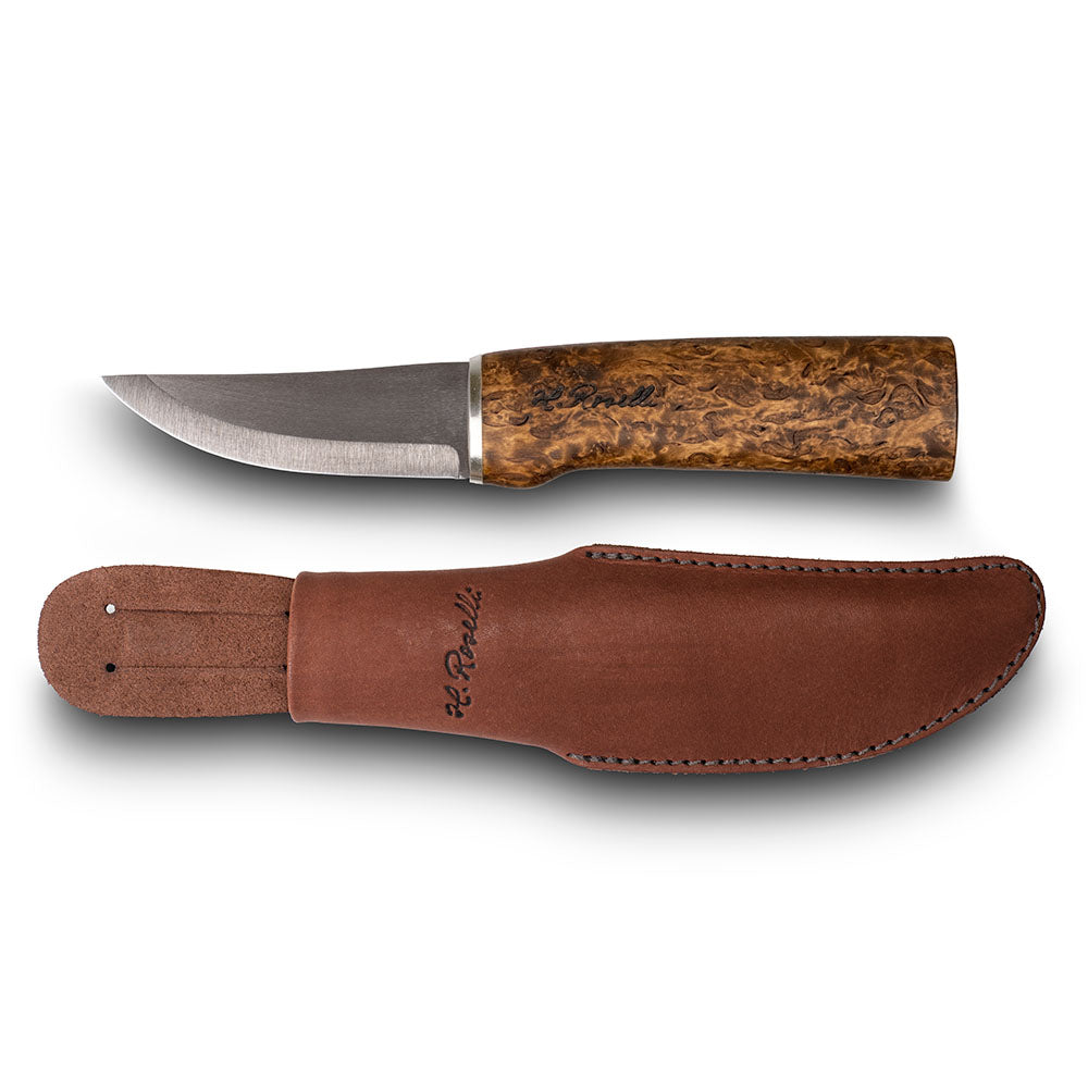 Handmade Finnish hunting knife in UHC Steel from Roselli with a handle of stained curly birch 