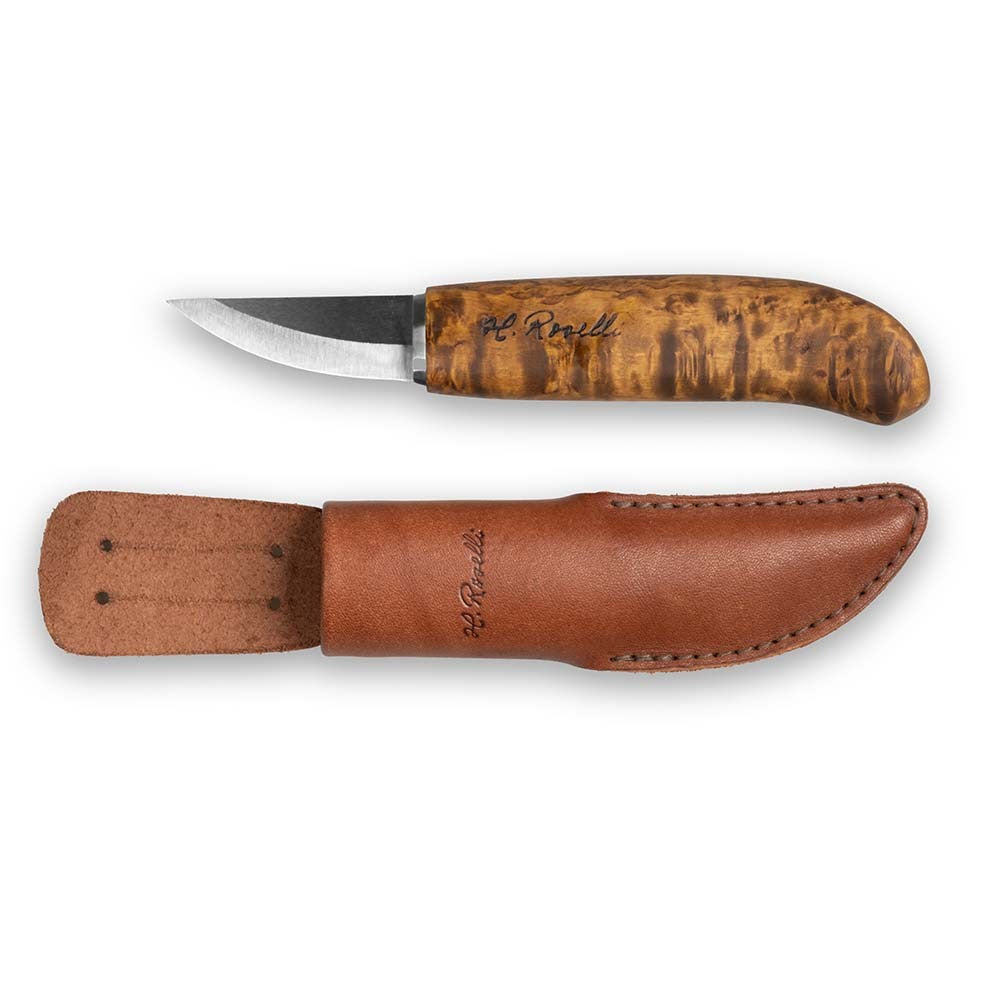 Handmade Finnish knife from Roselli in model "bear claw" with stained curly birch handle 