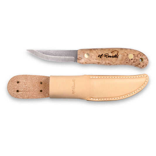 Roselli's new handmade Finnish full tang knife with a carbon steel blade and a handle made out of stabilized curly birch. Comes with a handmade light tanned leather sheath