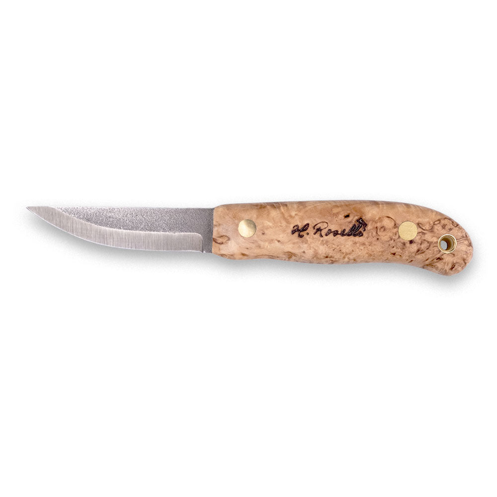 Roselli's new handmade Finnish full tang knife with a carbon steel blade and a handle made out of stabilized curly birch. Comes with a handmade light tanned leather sheath