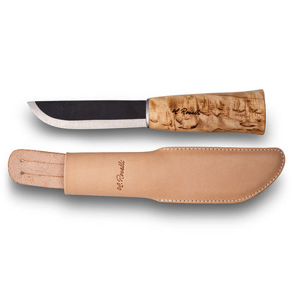 Handmade finnish bushcraft knife from Roselli in model "Small Leuku Knife" with a handle made out of curly birch and comes with a light tanned leather sheath 